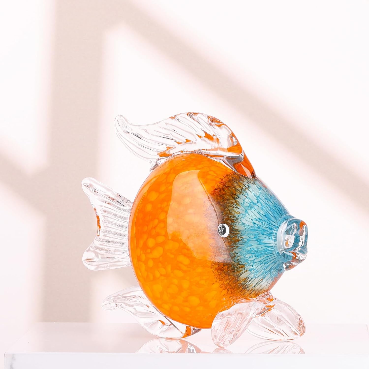 Large Glass Fish Figurines Hand Blown Glass Fish Statue and Sculpture Home Decor, Murano Animal Tropical Sea Glass Paperweights for Desk, Glass Aquarium Coastal Beach Decorative (Orange)