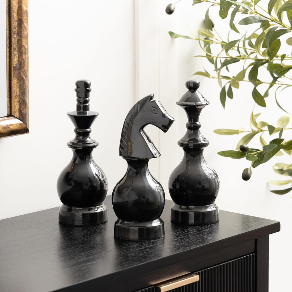 Deco 79 Aluminum Metal Chess Decorative Sculpture King, Knight, Bishop Home Decor Statues, Set of 3 Accent Figurines 9", 9", 8"H, Gray