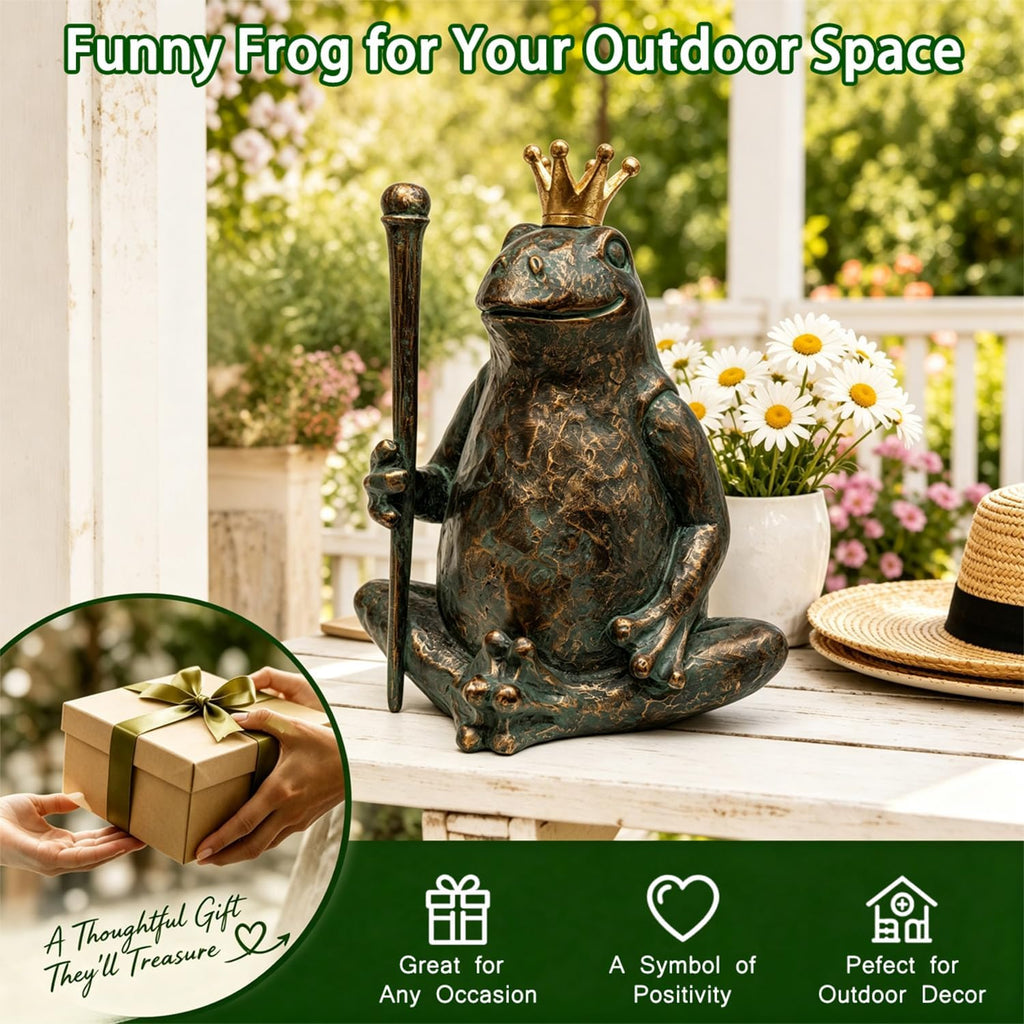 Frog Garden Statue, Yard Decorations Outdoor Decor, Weather-Resistant Animal Figurines & Sculptures, Seated Prince Frog with Scepter for Patio & Lawn, 11.5" H×9.8" L
