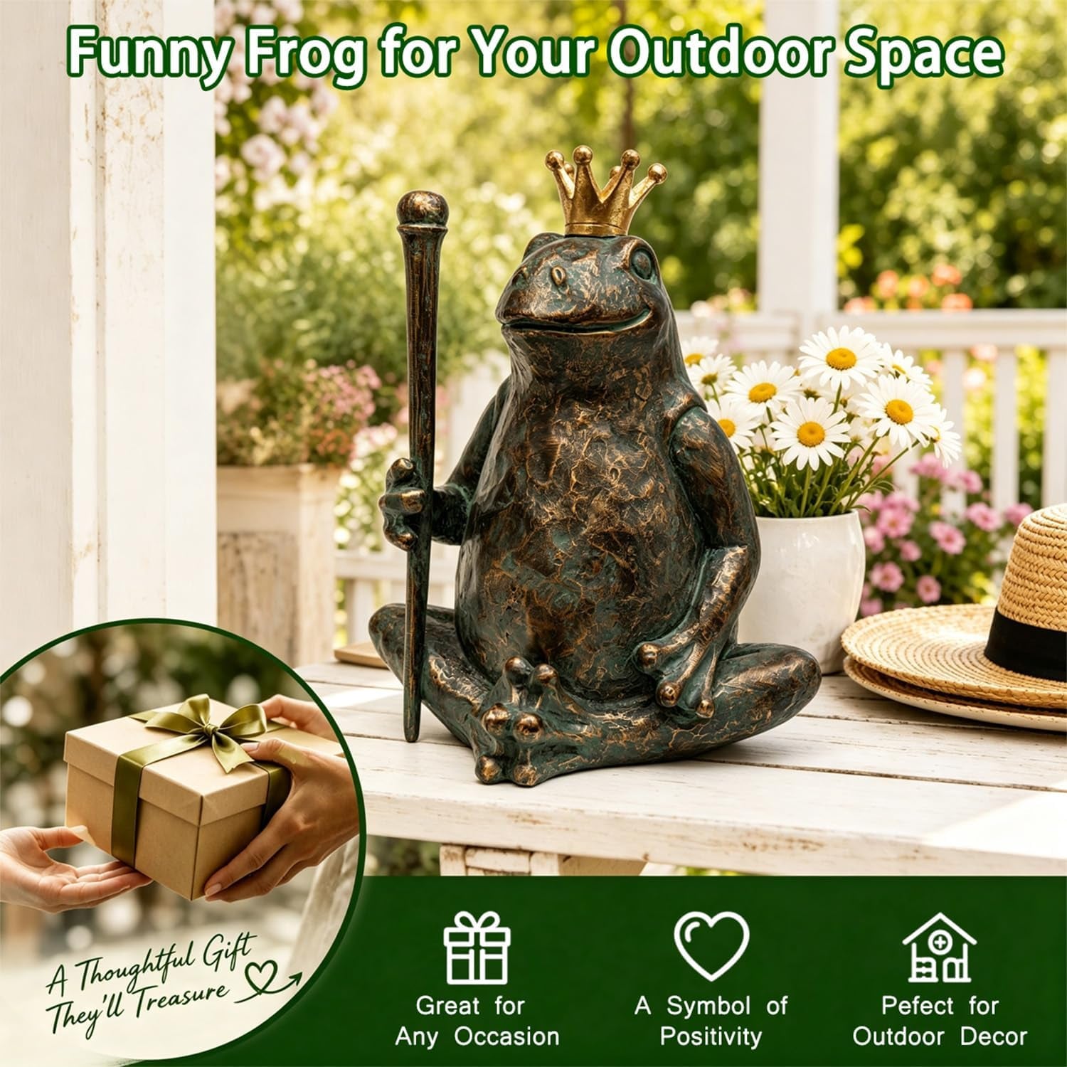 Frog Garden Statue, Yard Decorations Outdoor Decor, Weather-Resistant Animal Figurines & Sculptures, Seated Prince Frog with Scepter for Patio & Lawn, 11.5" H×9.8" L