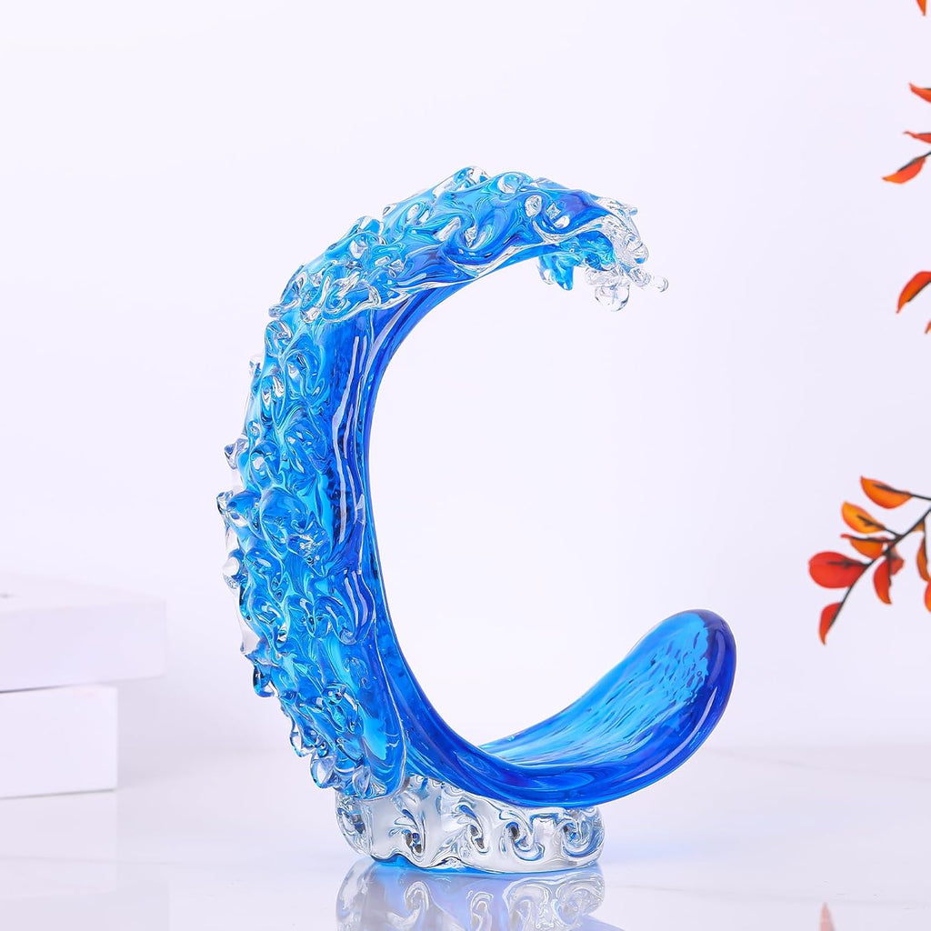 Blue Glass Beach House Decor, Hand Blown Ocean Wave Decorate, Tall Blue Glass Sculpture Home Decor, Ocean Wave Fused Art Figurines, for Sea Art Beach Coastal Nautical Office Surfers Gifts
