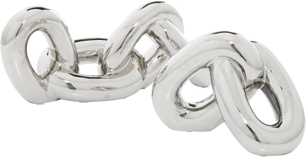 Cosmoliving by Cosmopolitan Porcelain Ceramic Chain Decorative Sculpture Home Decor Statues, Set of 2 Accent Figurines 15"W, 6"H, Silver