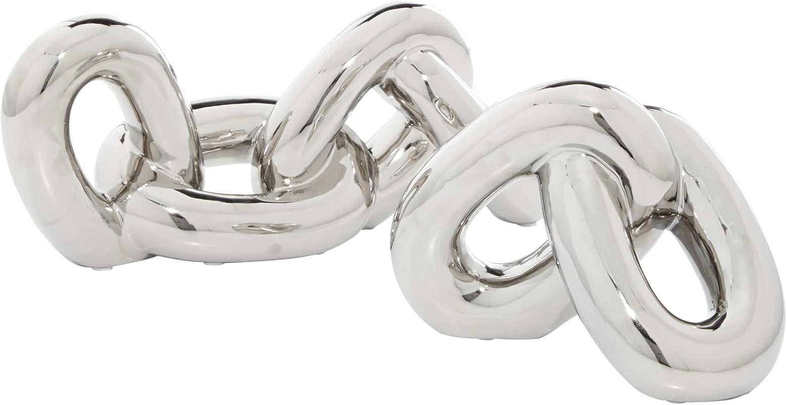 Cosmoliving by Cosmopolitan Porcelain Ceramic Chain Decorative Sculpture Home Decor Statues, Set of 2 Accent Figurines 15"W, 6"H, Silver