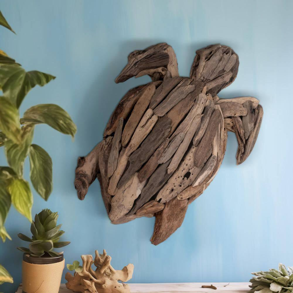 Brown 16 In. X 3 In. Driftwood Coastal Turtle Figurine Handcrafted Sculpture