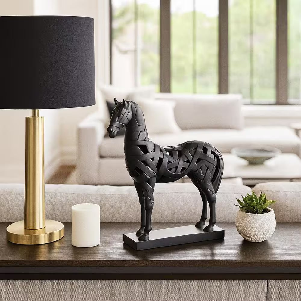 Black 15 In. X 17 In. Resin Polyresin Horse Design Sculpture on Base