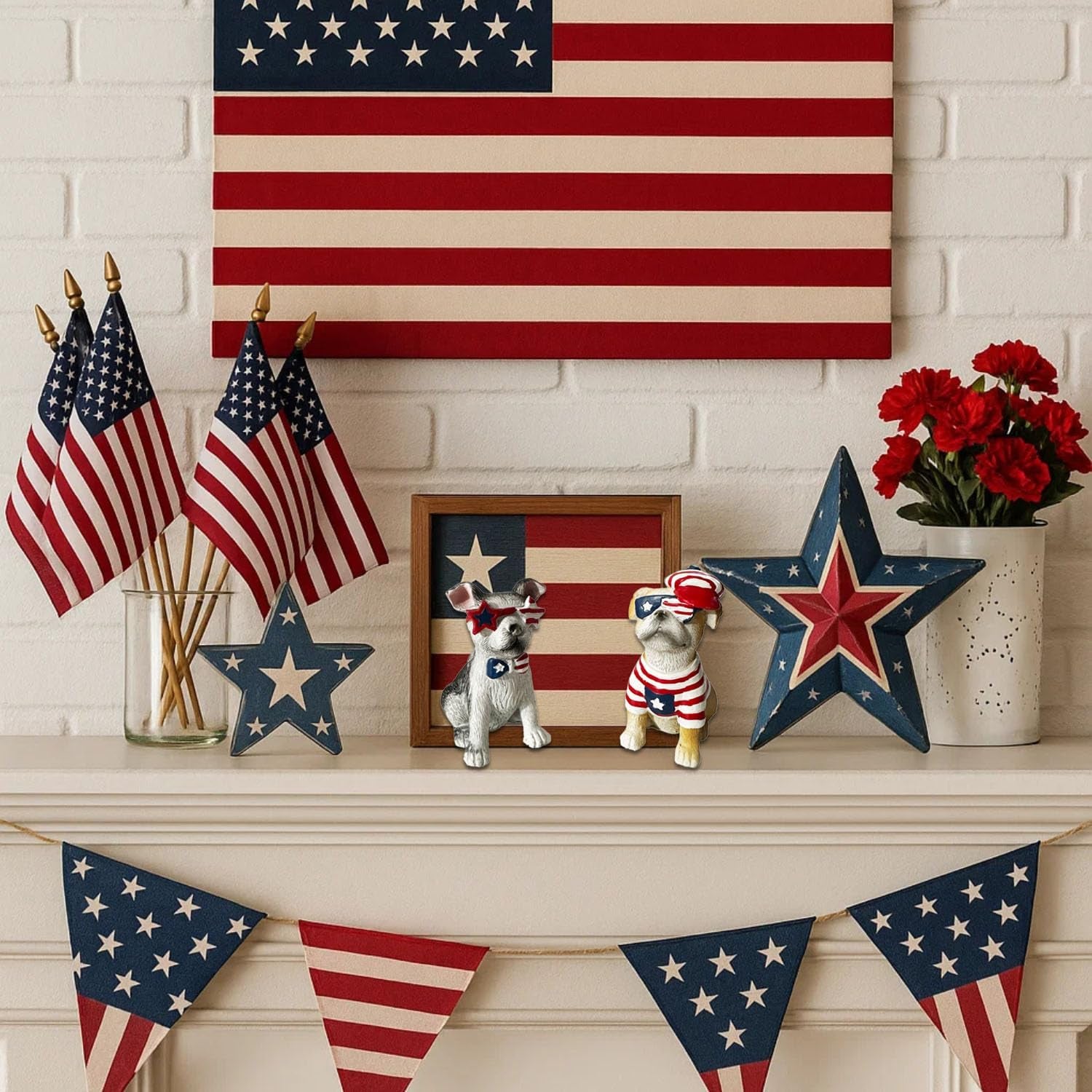 Patriotic Dogs Figurines Set of 2 – American Flag Design Decorative Puppy Statues, Red White and Blue, Stars and Stripes Theme, 4Th of July Americana Home Decor for Tabletop, Shelf, or Mantel Display