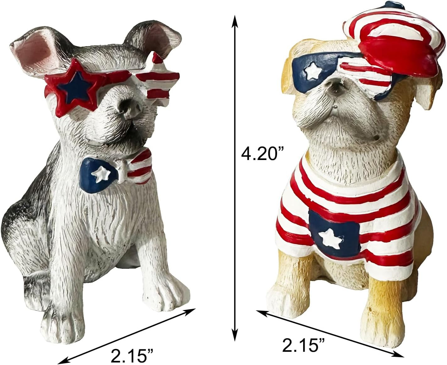 Patriotic Dogs Figurines Set of 2 – American Flag Design Decorative Puppy Statues, Red White and Blue, Stars and Stripes Theme, 4Th of July Americana Home Decor for Tabletop, Shelf, or Mantel Display