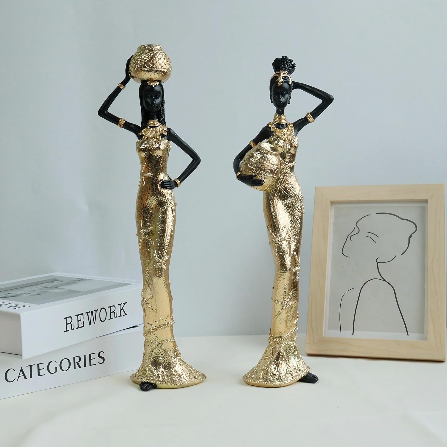 Set of 2 Resin African Women Statues – Gold Tribal Figurines with Pots, Afrocentric Ethnic Sculpture for Home Decor, Elegant African Lady Decor for Living Room, Shelf, Gift