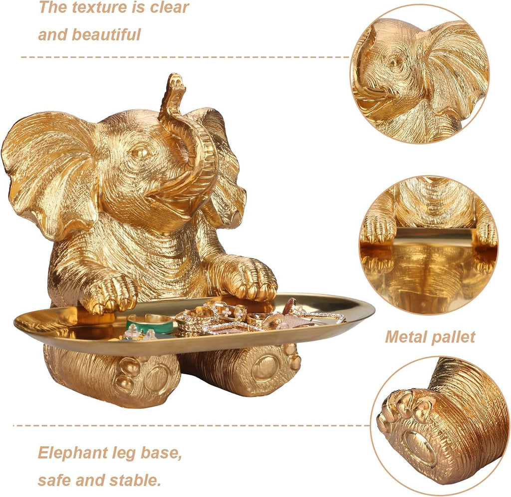 Gold Elephant Statue for Home Decor Accents Living Room Bookshelf TV Stand Office. Trinket Dish. Retirement Appreciation Gift -Gift for Mom Boss Co-Workers, Teachers, Nurse, Friends, Wife, Sister