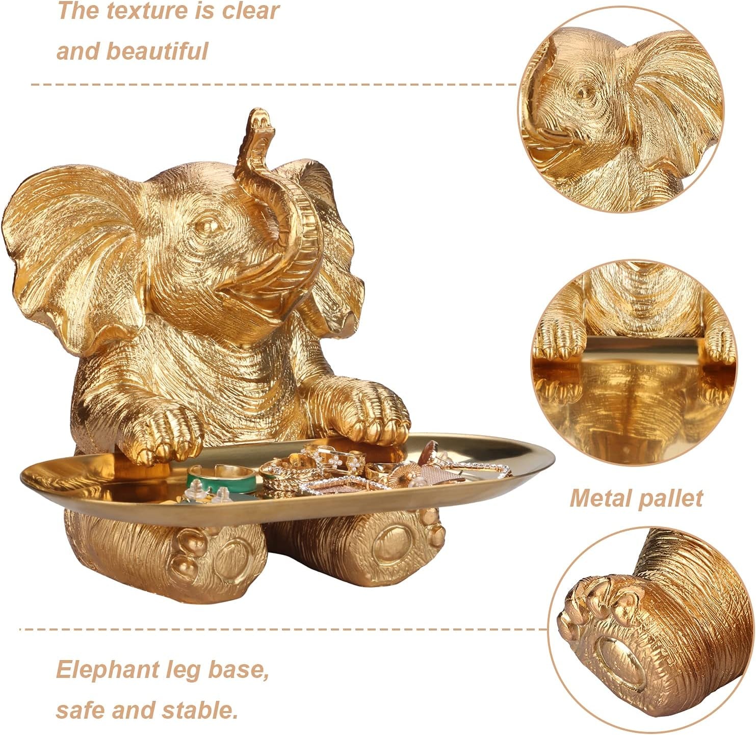 Gold Elephant Statue for Home Decor Accents Living Room Bookshelf TV Stand Office. Trinket Dish. Retirement Appreciation Gift -Gift for Mom Boss Co-Workers, Teachers, Nurse, Friends, Wife, Sister