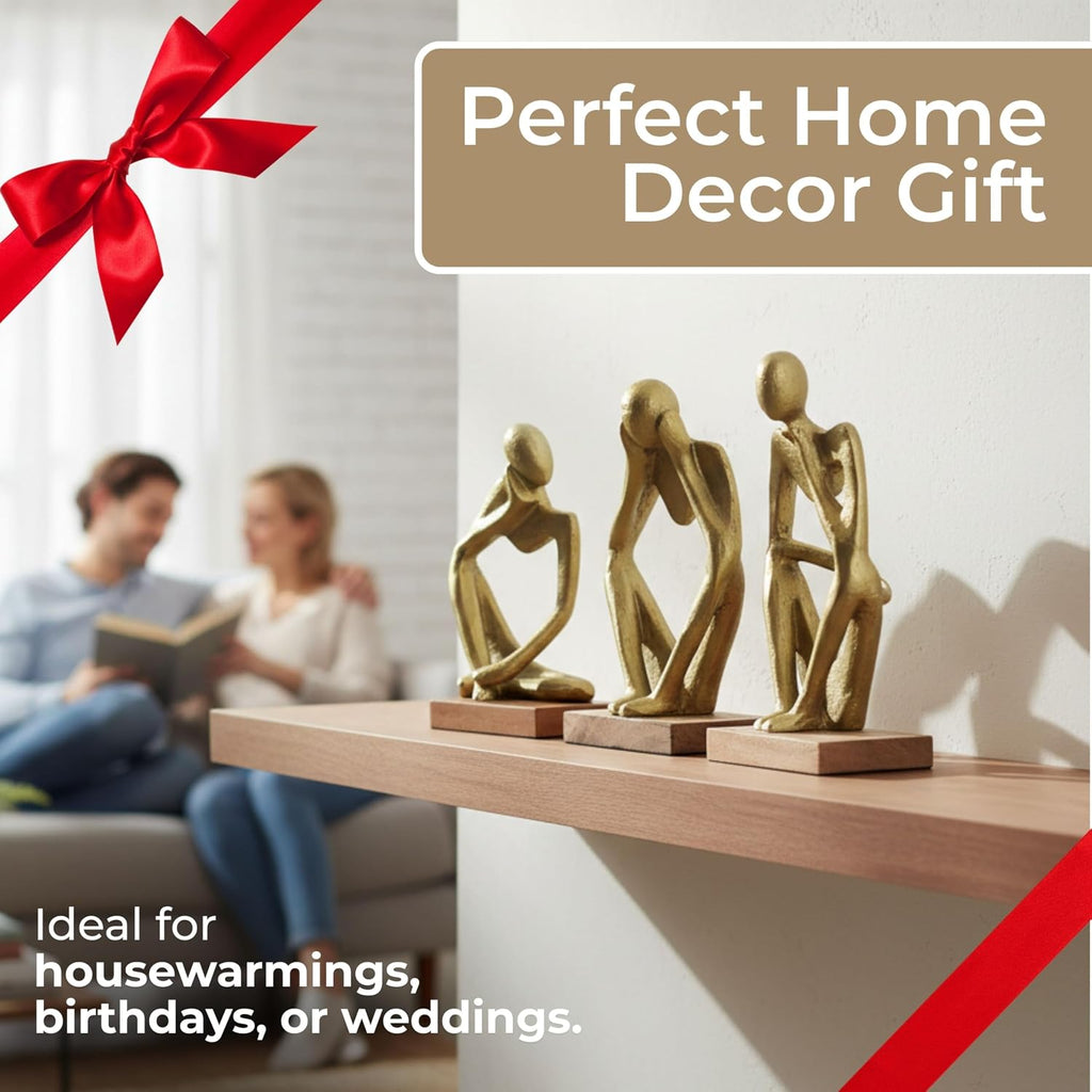 Three Piece Deep Thoughts Figurine Set - Contemporary Gold Thinking Figures - Set of 3 Abstract Decorative Person Statues for Home or Office Decor Accent