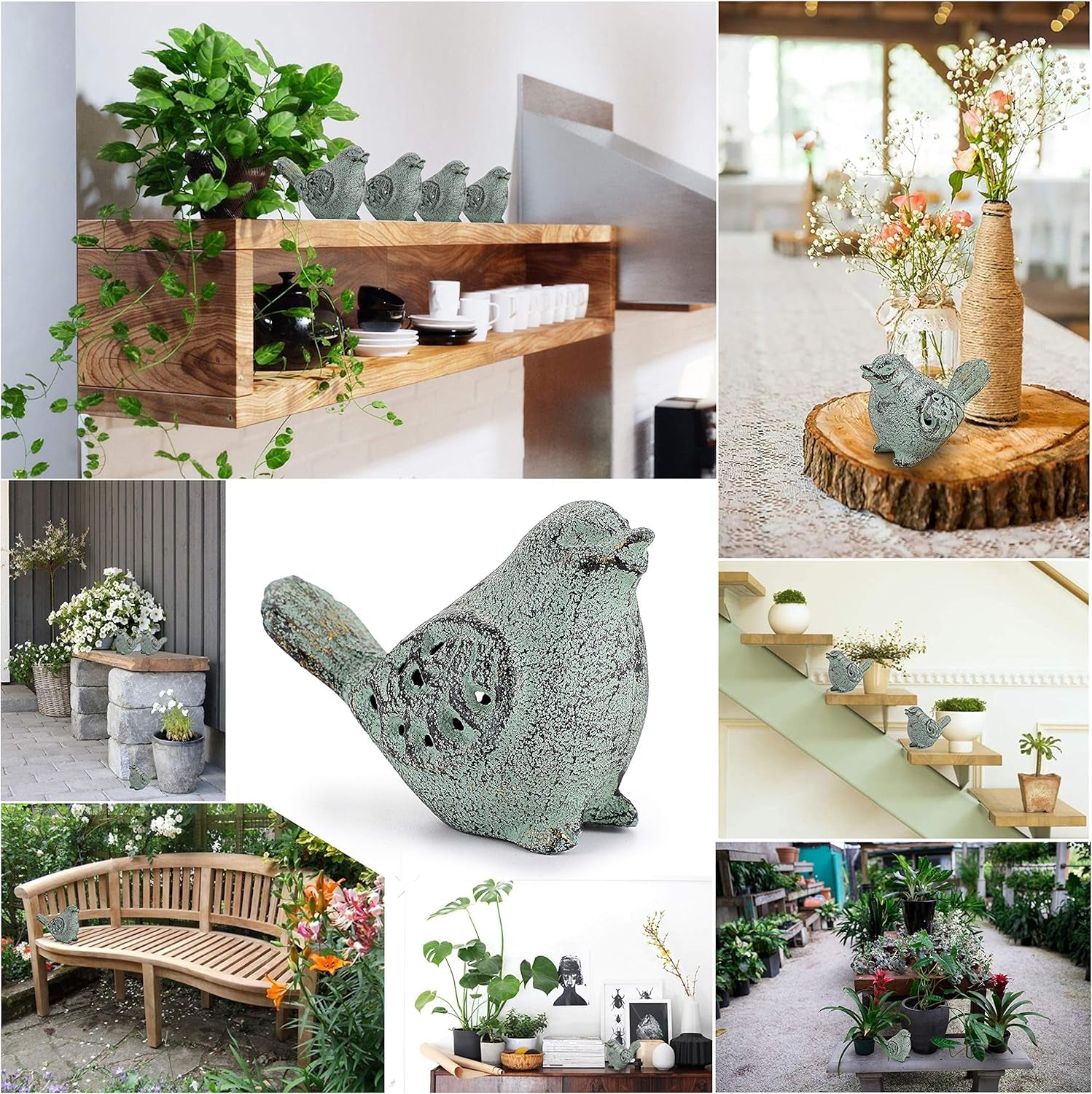2PCS Cast Iron Green Bird Sculptures - Outdoor & Indoor Small Birds Statues, Hollow Carved Bird Figurines Ornaments Decorative Animal Figurines for Garden Patio Home Decors