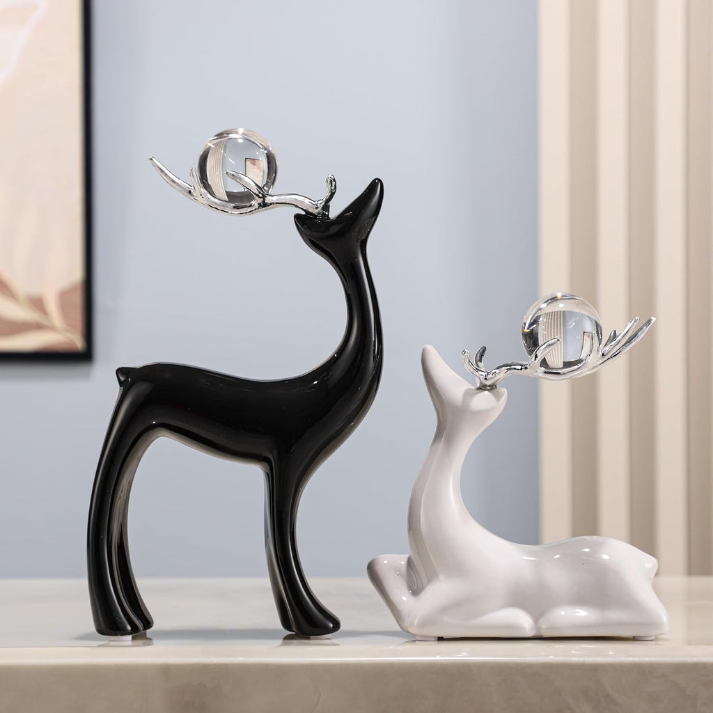 Ceramic Reindeer Pendulum Set with Crystal Balls, Black and White Reindeer Statue for Home Decor, Living Room, Office Bedroom Modern Sculpture Ornament