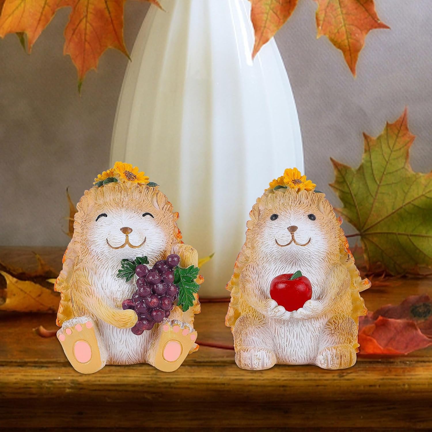 Fall Decorations for Home, 2 Packs Harvest Hedgehog Resin Sculpture with Maple Leaves & Fruits, Autumn Tabletop Ornaments Craft Decor for Thanksgiving and Fall Season