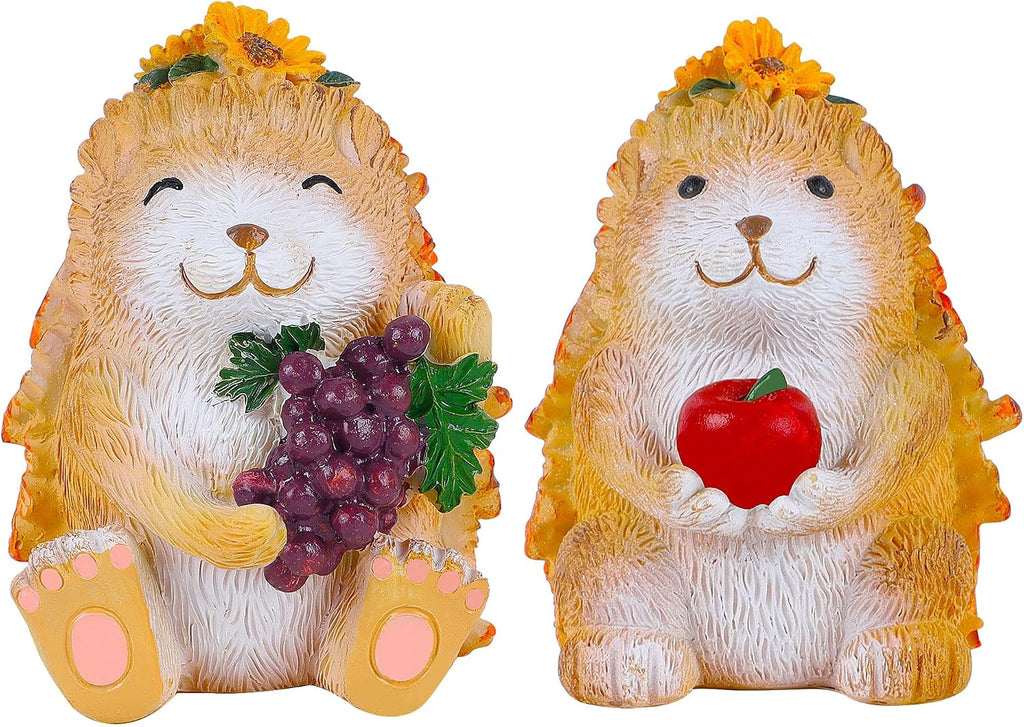 Fall Decorations for Home, 2 Packs Harvest Hedgehog Resin Sculpture with Maple Leaves & Fruits, Autumn Tabletop Ornaments Craft Decor for Thanksgiving and Fall Season