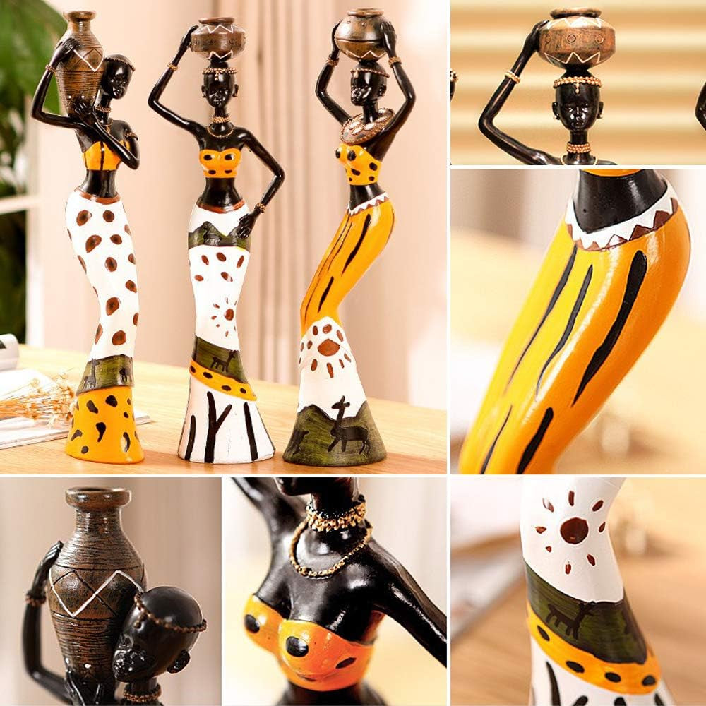 3 Pack African Women Sculpture, 7.5" Exotic Tribal Lady Figurine, Black Statue Home Office Decor, Vintage Collectible Art Crafts Desktop Ornaments Decorations Gift (Yellow)
