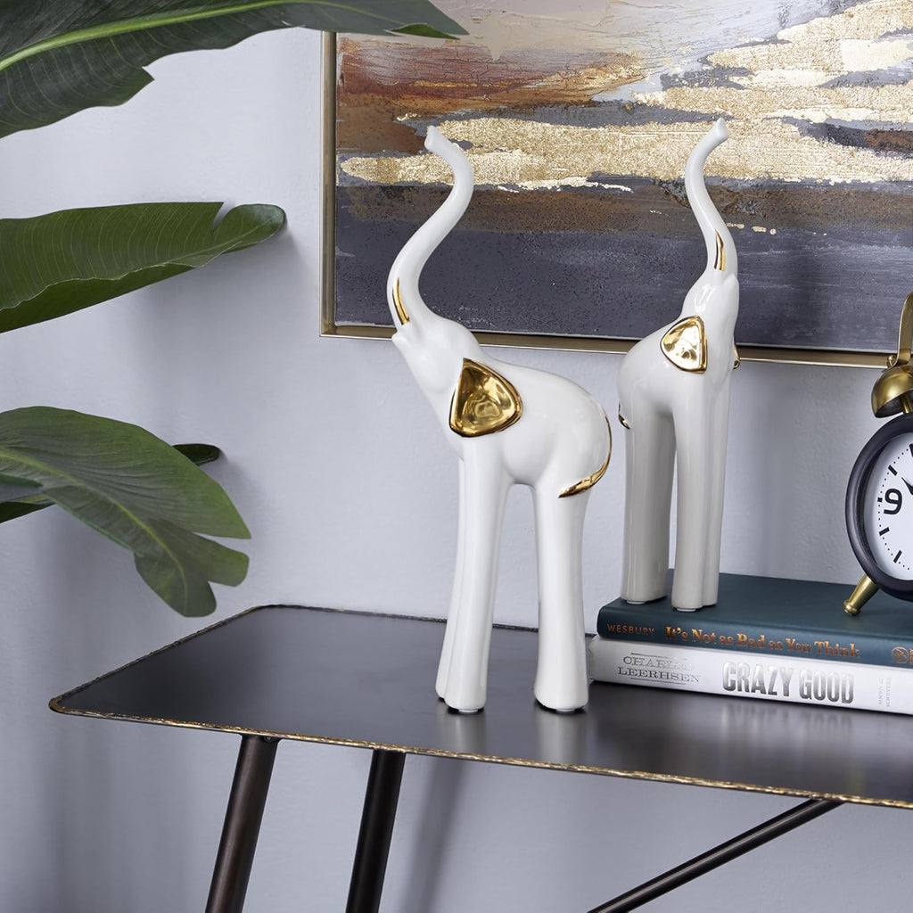 Deco 79 Porcelain Ceramic Sculpture, Set of 2 Sculpture 4"W, 14"H, Gold | Decorative Elephant Animals Home Decor Statues Statue Figurine