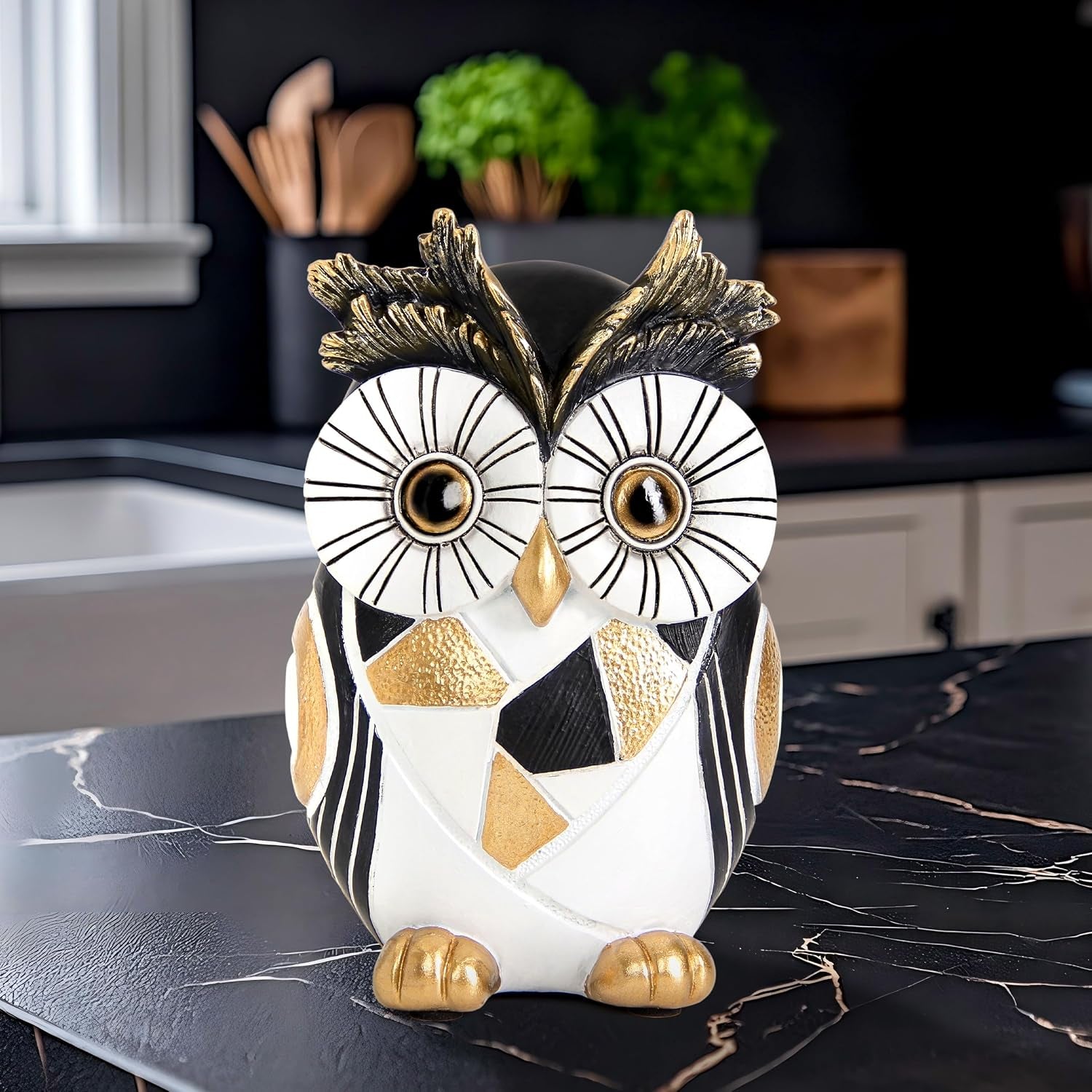 Modern Black and Gold Owl Statue Unique Minimalist Owl Figurine for Home Decor Shelves, Bookshelves, Office Desk Accents Whimsical Animal Sculpture Art Deco Gift for Woman Mom Bird Lovers