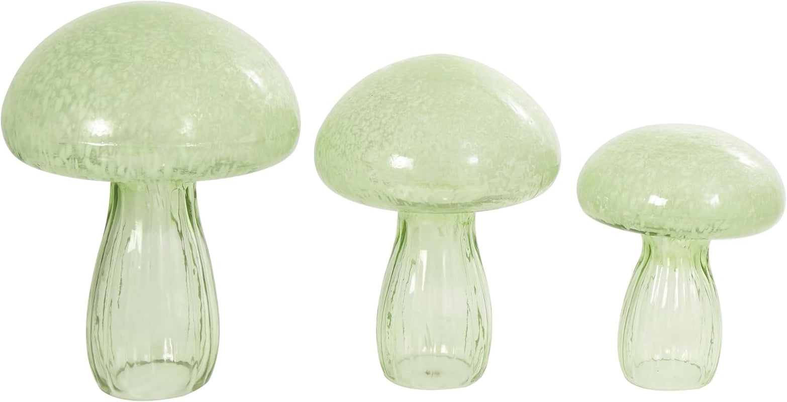 Deco 79 Glass Mushroom Decorative Sculpture Textured Home Decor Statues, Set of 3 Accent Figurines 12", 10", 8"H, Green